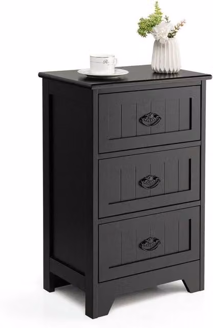 VOGREX Vintage Black Lacquered Wood 3-Drawer Bedside Nightstand Side Table