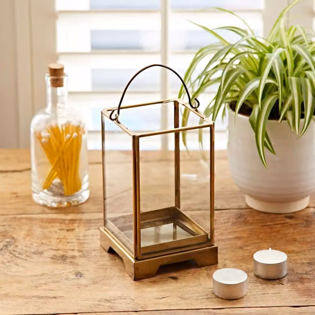 Paper High Antique Brass Candle Lantern in Bronze and Gold, Small