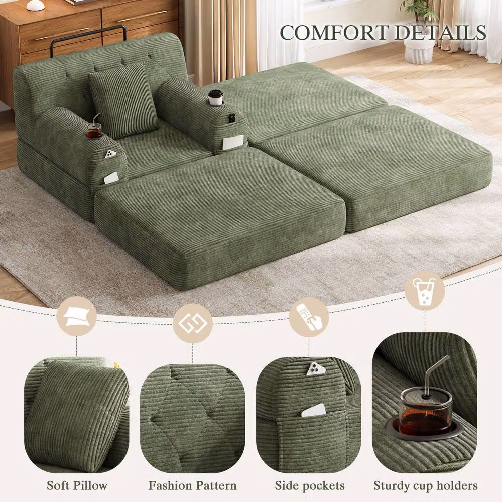 Matteo Green Corduroy Convertible 1-Seater Sleeper Chair and Ottoman with Armrests – 4