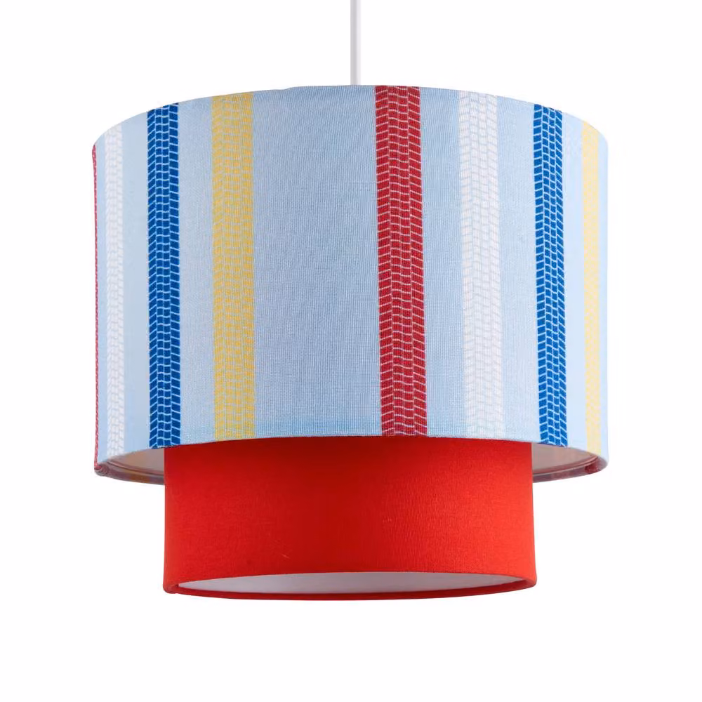First Choice Lighting Car Track Set of 2 Easy Fit Pendant Lights with 2 Tier Fabric Shades in Blue and Red, Diameter: 25 cm – 2