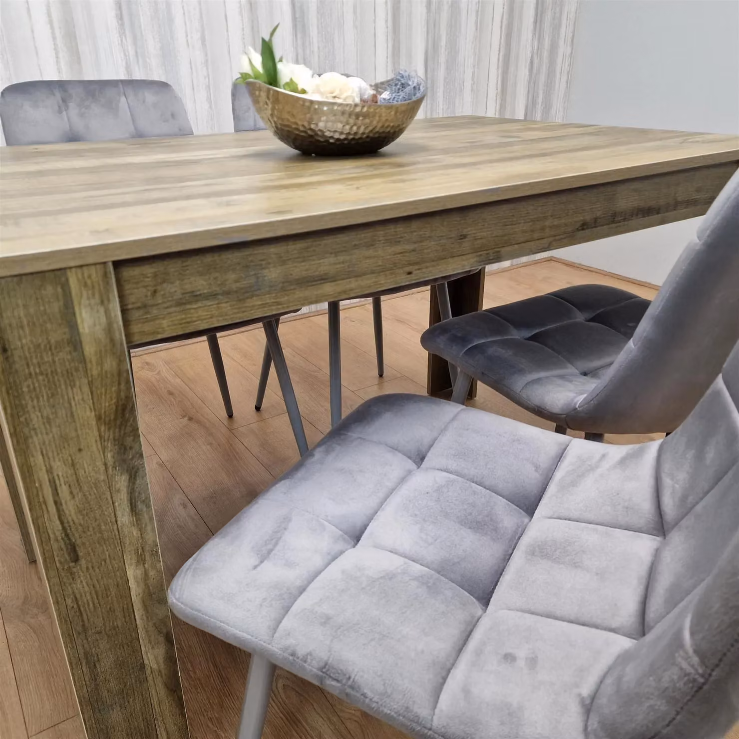 Kosy Koala Dining Table and 4 Chairs Set in Brown Rustic Wood Effect and Grey Velvet – 2
