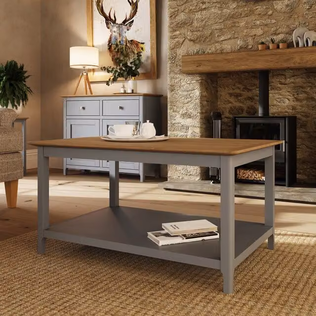 FWStyle Large Rectangular Coffee Table with Oak Veneer Top and Storage Shelf in Dove Grey, Width: 90 cm