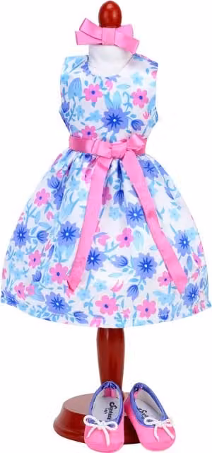 Teamson Kids Sophia's Satin Floral Doll Outfit Set with Dress and Shoes in Pink, Blue and White for 14.5 inch Dolls