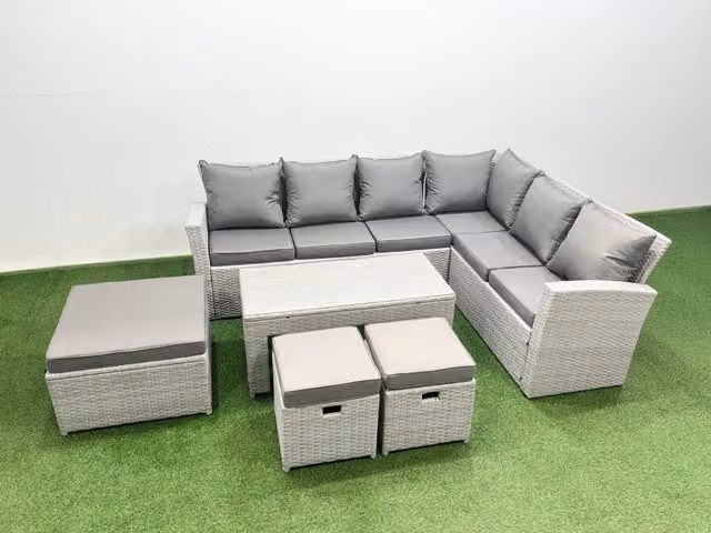 Fimous 9 Seater L-Shape Rattan Garden Furniture Set with Coffee Table and Ottoman in Light Grey