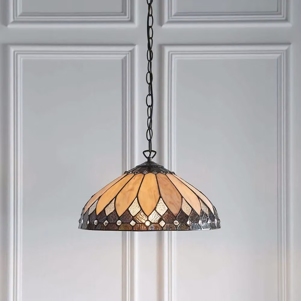 Loops Tiffany Glass Hanging Ceiling Pendant Light in Dark Bronze with Multicolour Transparent Glass, Diameter: 40 cm – 3