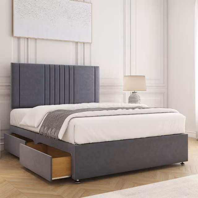 BSSPOKE Monaco Velvet Divan Bed Set with 24 inch Headboard, 2 Drawers and Mattress in Charcoal Grey, W/D/H: 180 x 200 cm