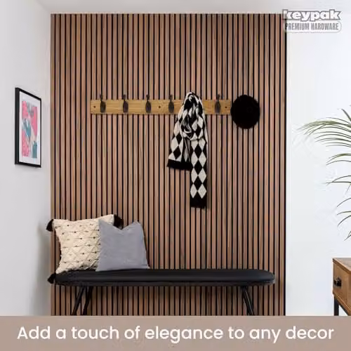 Keypak 6 Matte Black Coat Hooks with Ash Effect Wood Board, Width: 68 cm – 4