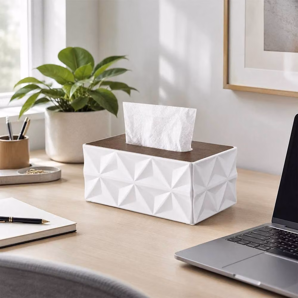 VOGREX Large Capacity Square Plastic Tissue Box with Lid in White and Brown – 2