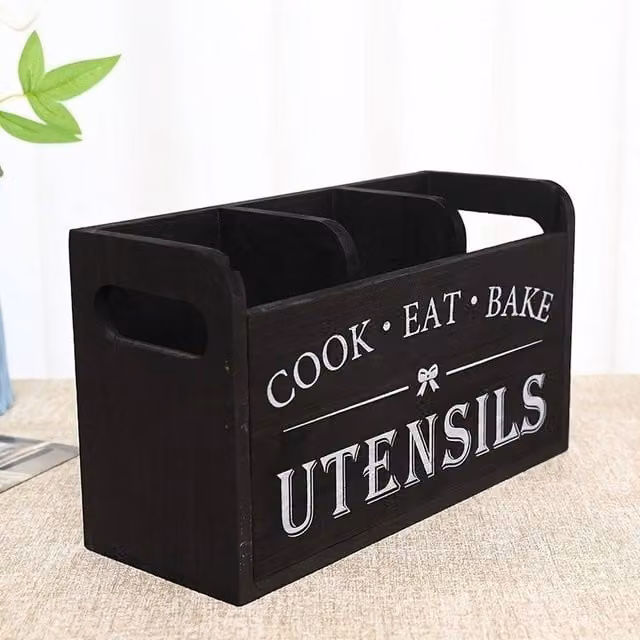 FLAVORA Black Wooden Freestanding Kitchen Cutlery Holder and Spoon Fork Storage Rack, Width: 50 cm