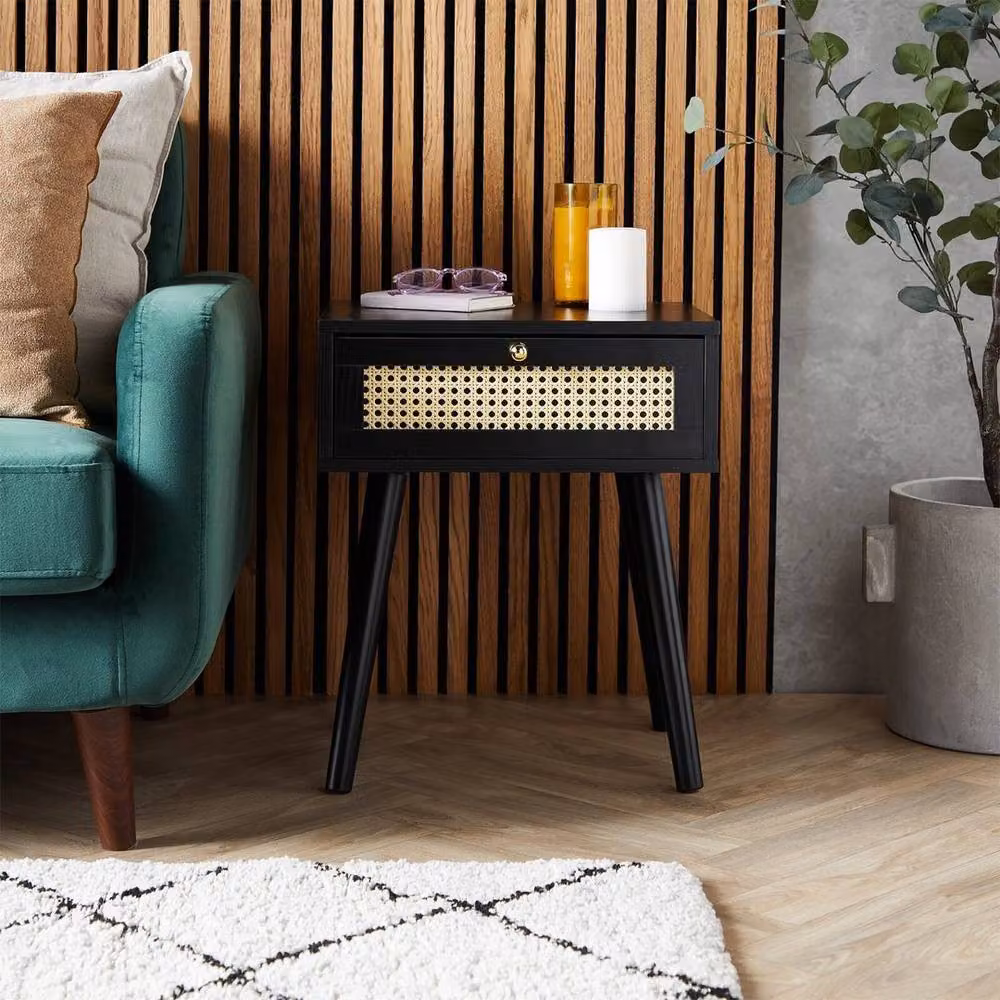 NESTLUNE Set of 2 Black and Gold Cane Drawer Side Tables and Bedside Tables W/D/H: 100 x 15 x 15 cm – 4