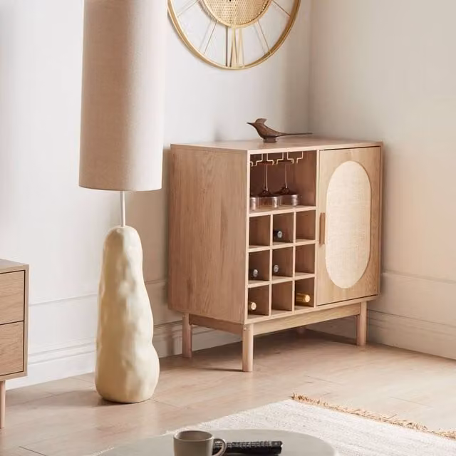 Wyld Haus Brown Rattan and Rubberwood Sideboard with 9-Bottle Wine Rack