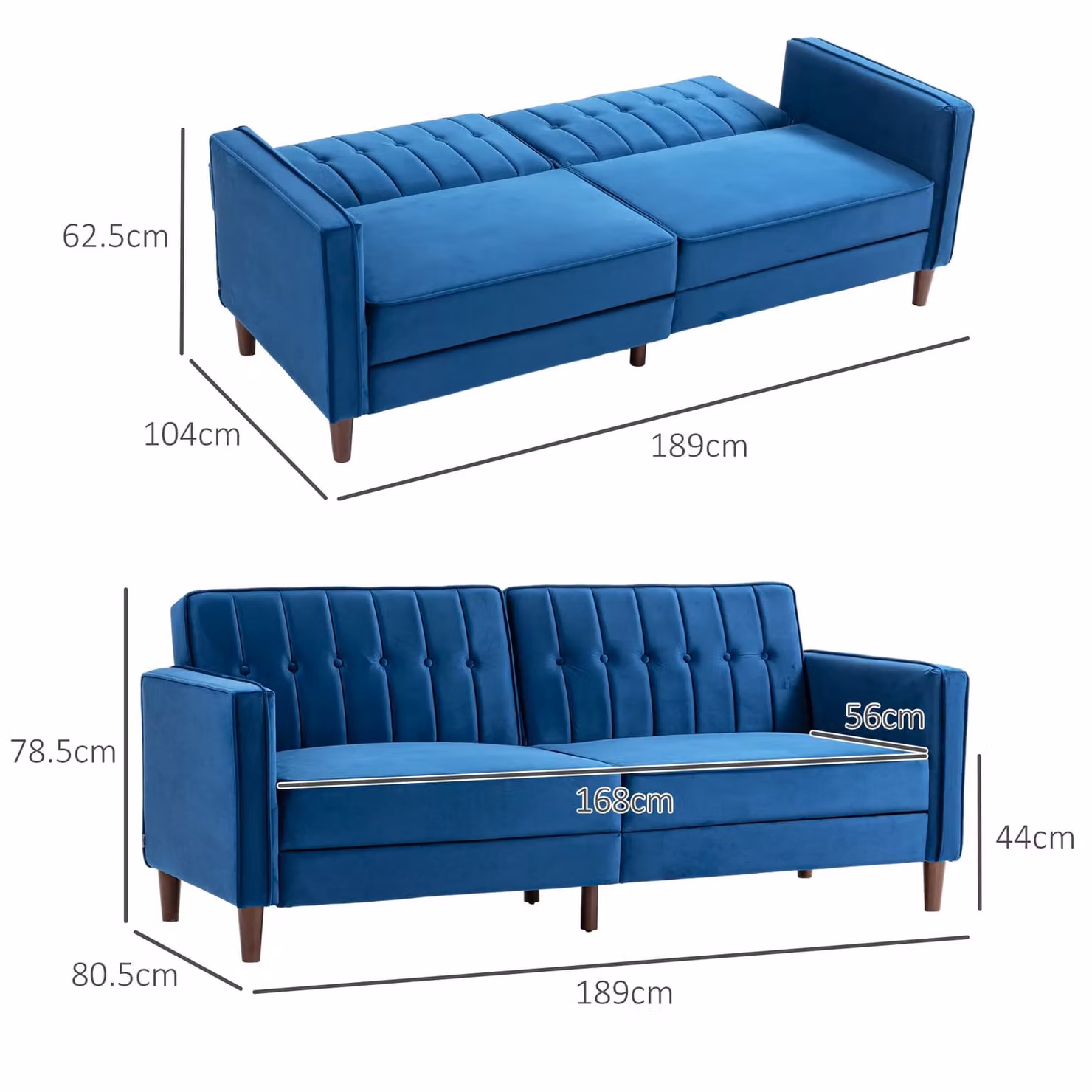 HOMCOM Blue Velvet Convertible Click-Clack Sofa Bed with Tufted Upholstery and Metal Frame – 3