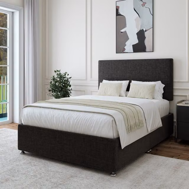 Bedmaster Upholstered Linen Divan Base with Storage Drawers and Plain Headboard in Grey, 180cm