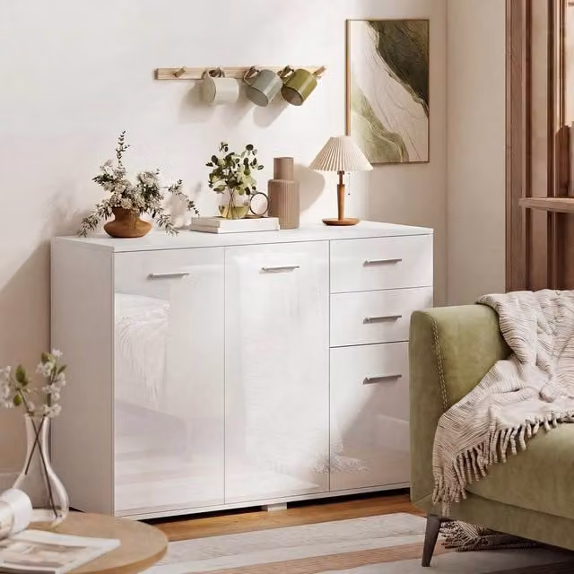 HOMCOM Modern High Gloss White Sideboard Kitchen Storage Cabinet