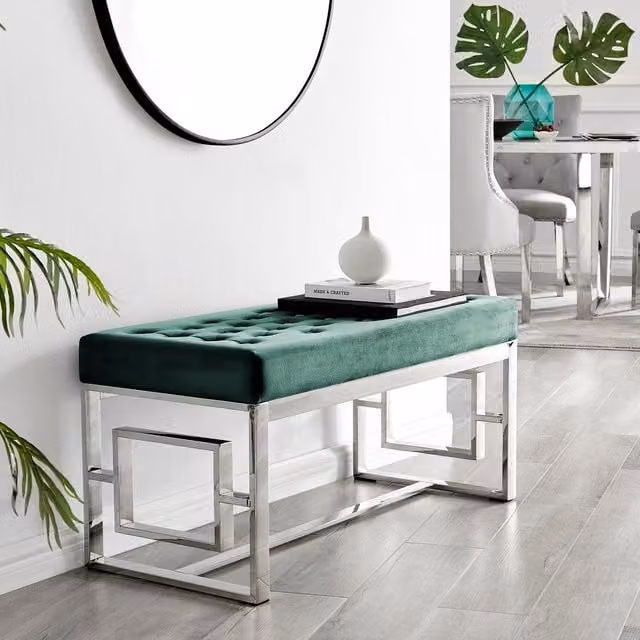 FurnitureboxUK Modern Green Velvet and Metal Bench Seat Chair