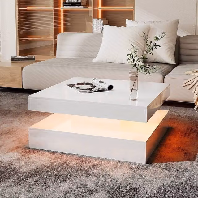 NESTLUNE High Gloss Square LED Coffee Table in White, W: 100 cm, D: 15 cm, H: 15 cm – 1