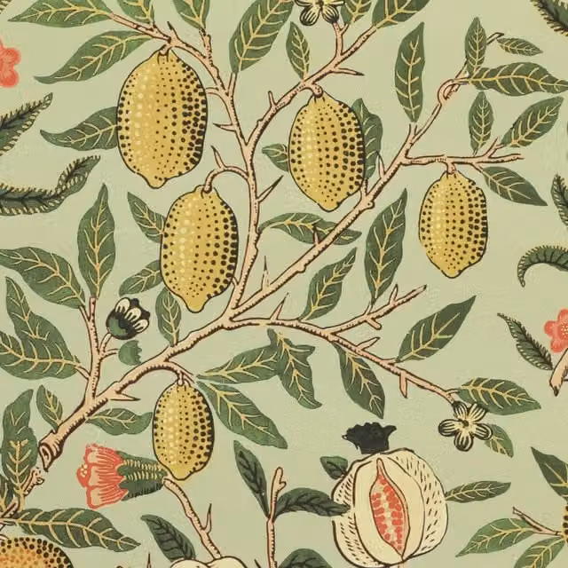 William Morris Fruit Orange Floral Printed Cotton Fabric in Pistachio and Orange