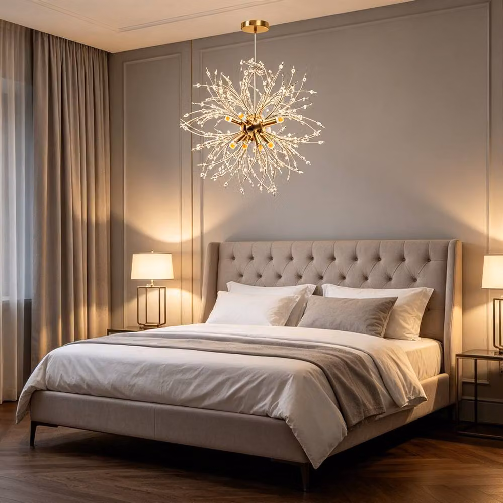 INMTFEI Gold Dandelion Crystal Pendant Hanging Chandelier with Adjustable Cord and Warm White LED Light – 5