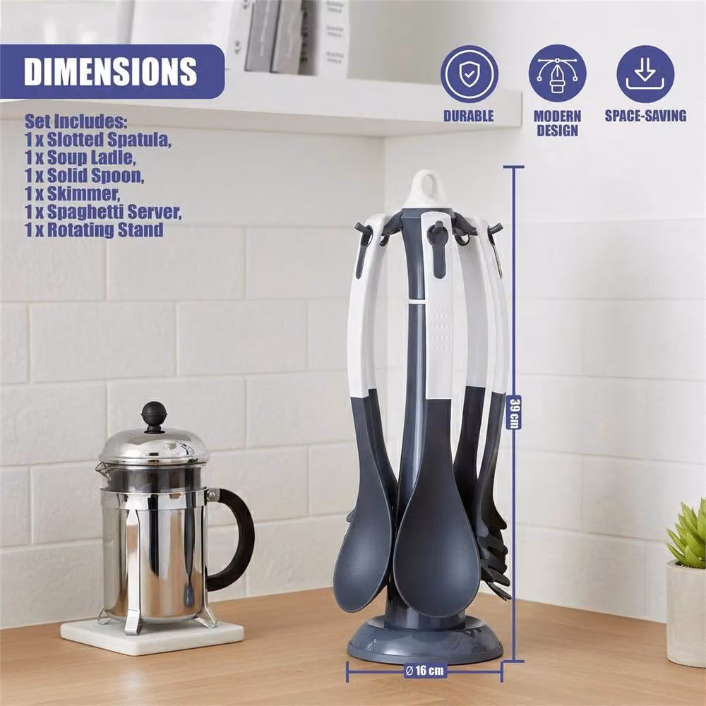 Nordara 6-Piece Silicone Kitchen Utensils Set with Rotatable Stand in Black and Grey – 3