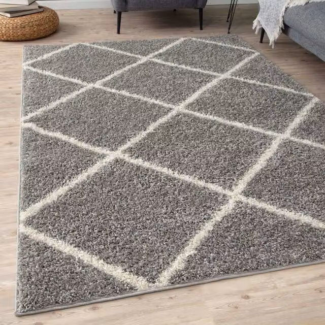 THE RUGS Moroccan Soft High Pile Shaggy Diamond Rug, Grey, W: 120 cm, L: 170 cm – 1