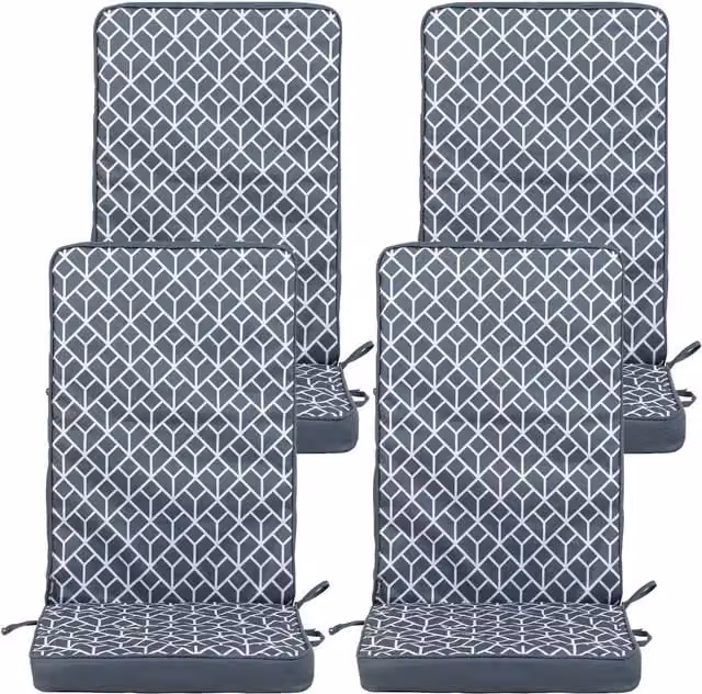icon Set of 4 Outdoor High Back Seat Cushions in Olive Green and Charcoal Geometric Pattern