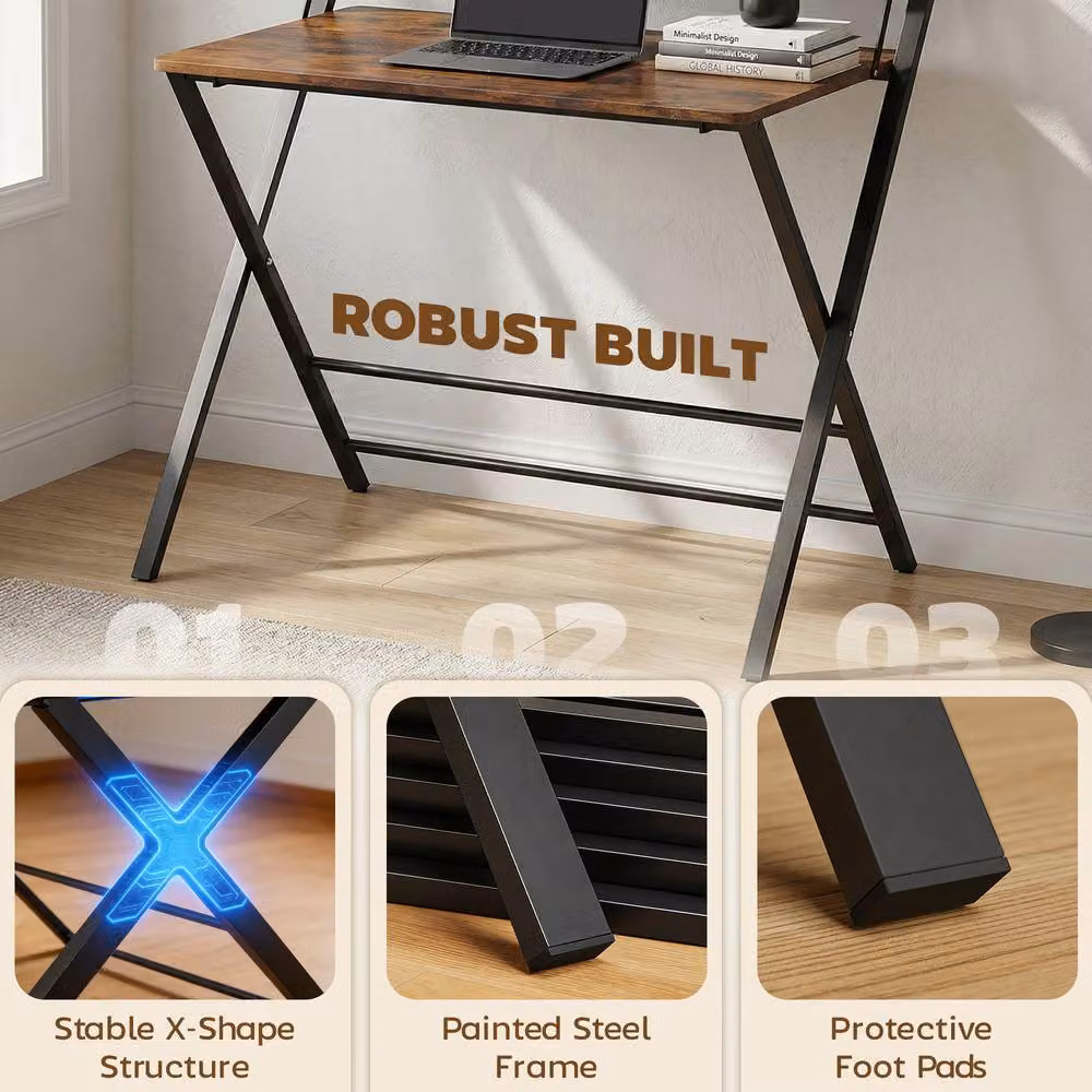 STILVORA Folding Desk with Shelf and Steel Frame, Rustic Brown – 6