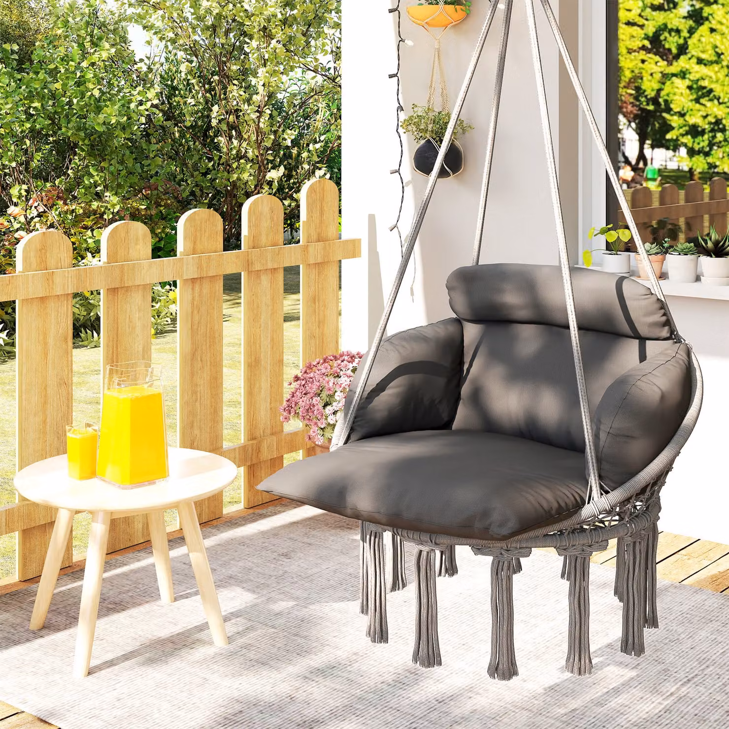 Outsunny Boho Style Hanging Egg Chair with Weatherproof Cushion and Metal Frame, Dark Grey – 8
