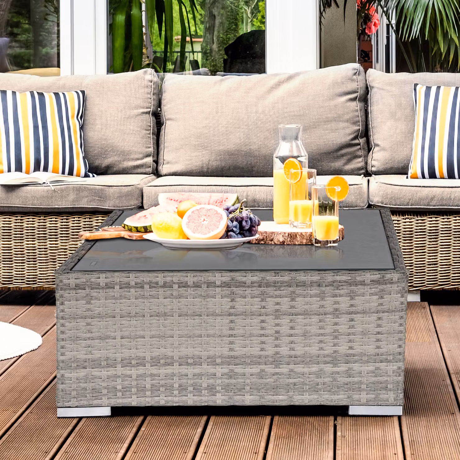 Outsunny Grey Rattan Wicker Square Patio Coffee Table with Glass Top – 2