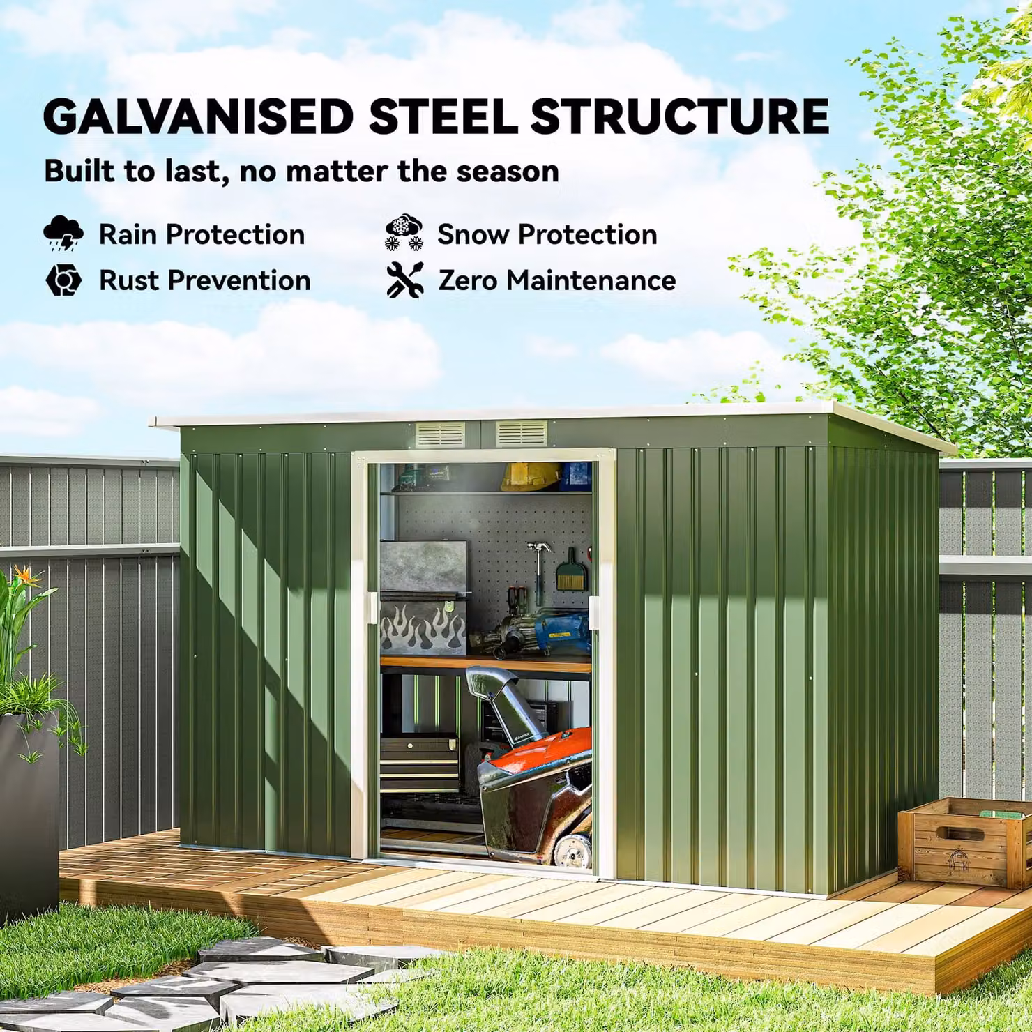 Outsunny Green Metal Garden Storage Shed with Double Doors and Window, W/D/H: 274.32 x 121.92 x 158 cm – 5