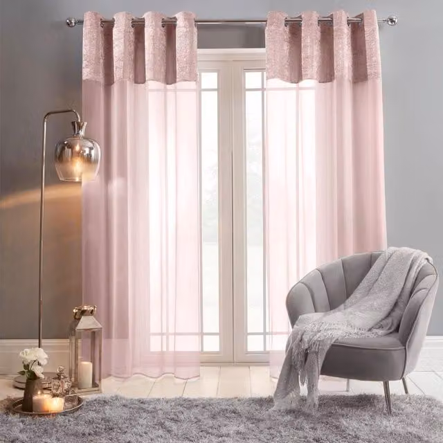 Sienna Pair of Pink Crushed Velvet Voile Net Eyelet Curtains