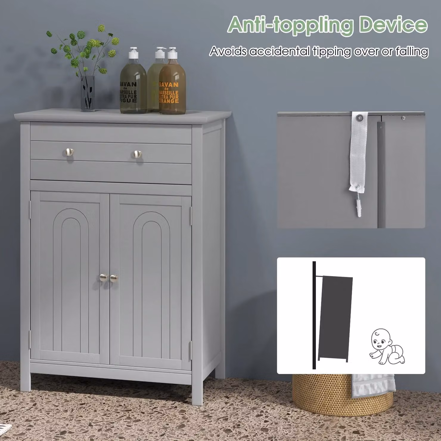 Gymax Grey Freestanding Bathroom Storage Cabinet with Internal Shelves and Drawers – 3