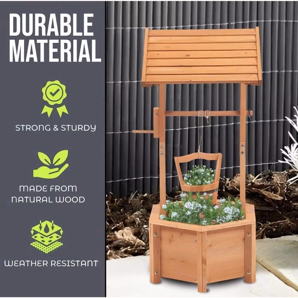 FLAVORA Rustic Wooden Wishing Well Planter in Brown, H 95.5 x W 43.0 x D 43.0 cm – 3