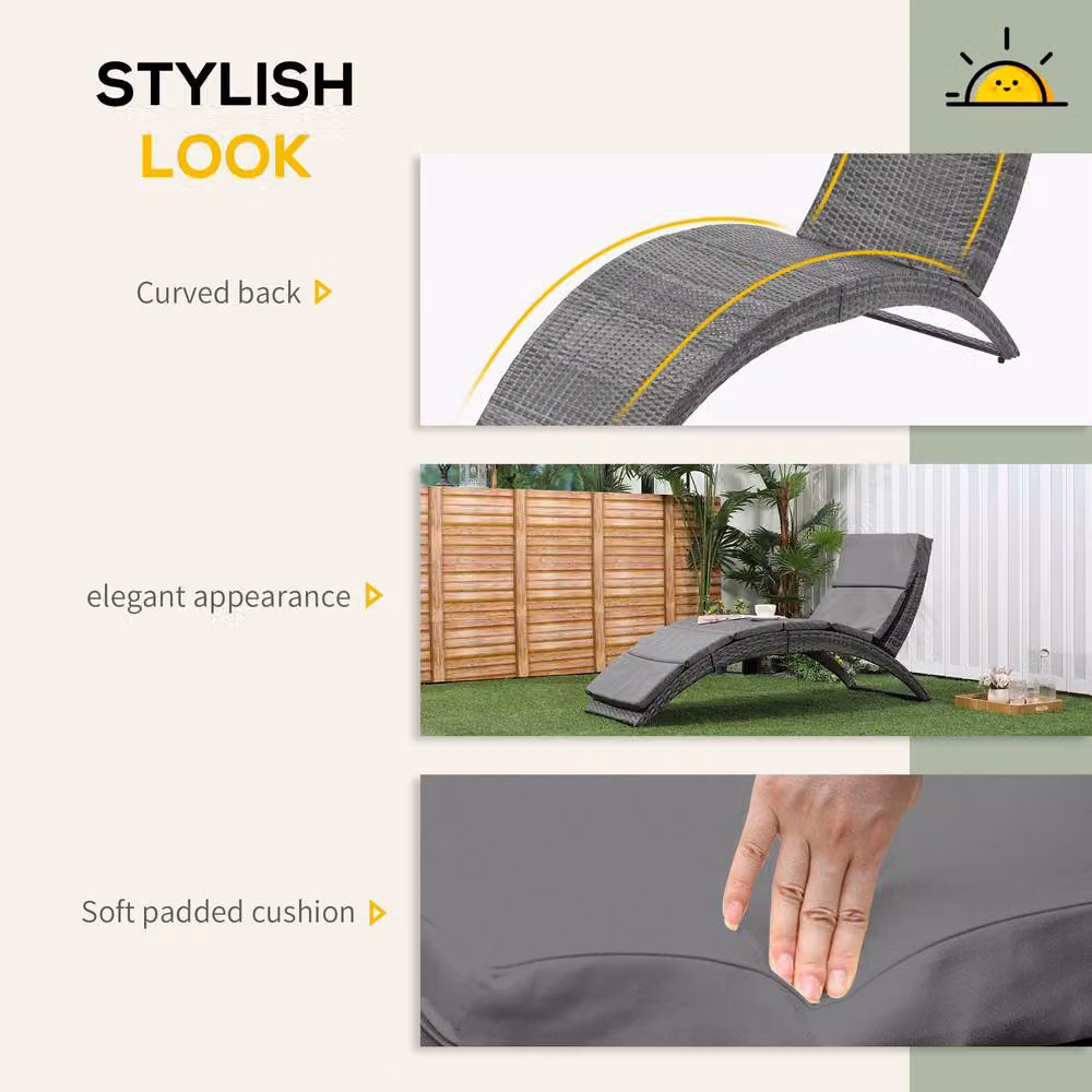 Outsunny Grey Polyrattan Garden Sun Lounger with Weatherproof Cushion – 5