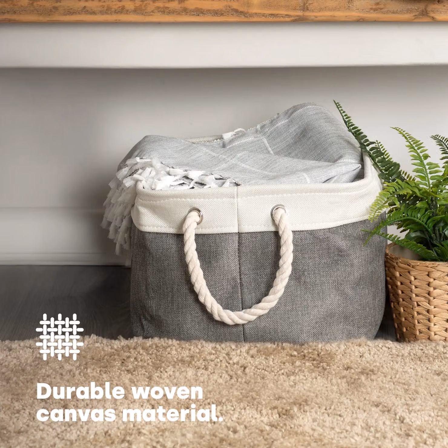 LIVIVO Set of 2 Grey Fabric Storage Baskets with Cotton Rope Handles, 32L Capacity – 2