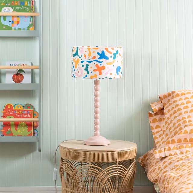 ValueLights Pink Bobbin Stem Table Lamp with Multicolour Drum Shade and LED Bulb