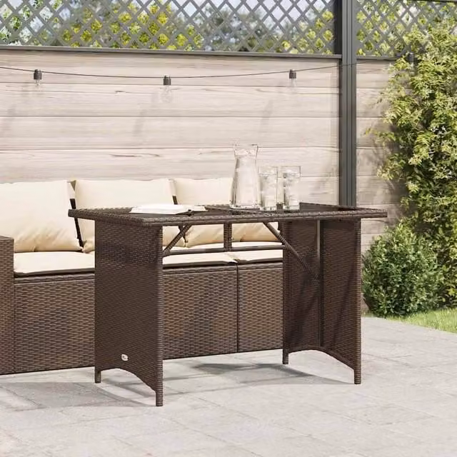 Berkfield Home Brown Poly Rattan Garden Table with Glass Top, W/D/H: 110 x 68 x 70 cm