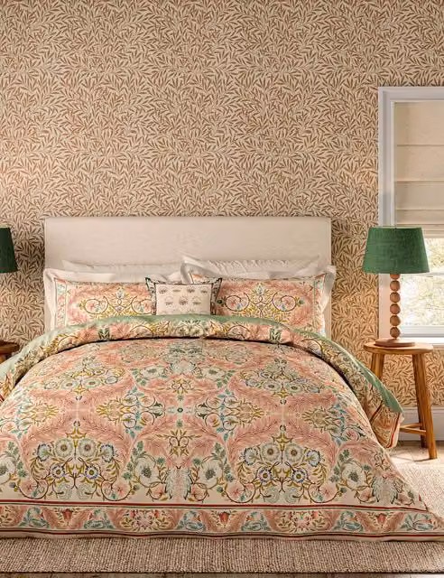 Morris & Co Earthly Paradise Floral Cotton Percale Bedding Set, Multicolour, W: 180 cm, L: 200 cm