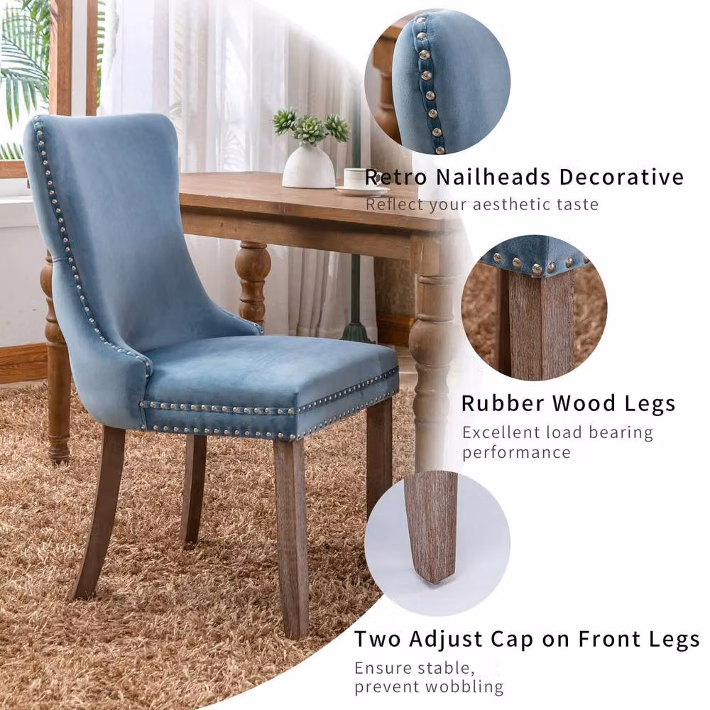 Modern Home Touch Sierra Set of 2 Blue Velvet Wing Back Dining Chairs with Oak Wood Legs – 3