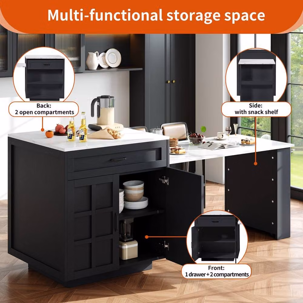 Merax Extendable Kitchen Island with Pull-Out Dining Table and Dual-Side Drawers in Black – 4