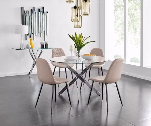 FurnitureboxUK Novara Round Glass Dining Table and Four Corona Chairs in Cappuccino with Black Legs, Diameter: 120 cm