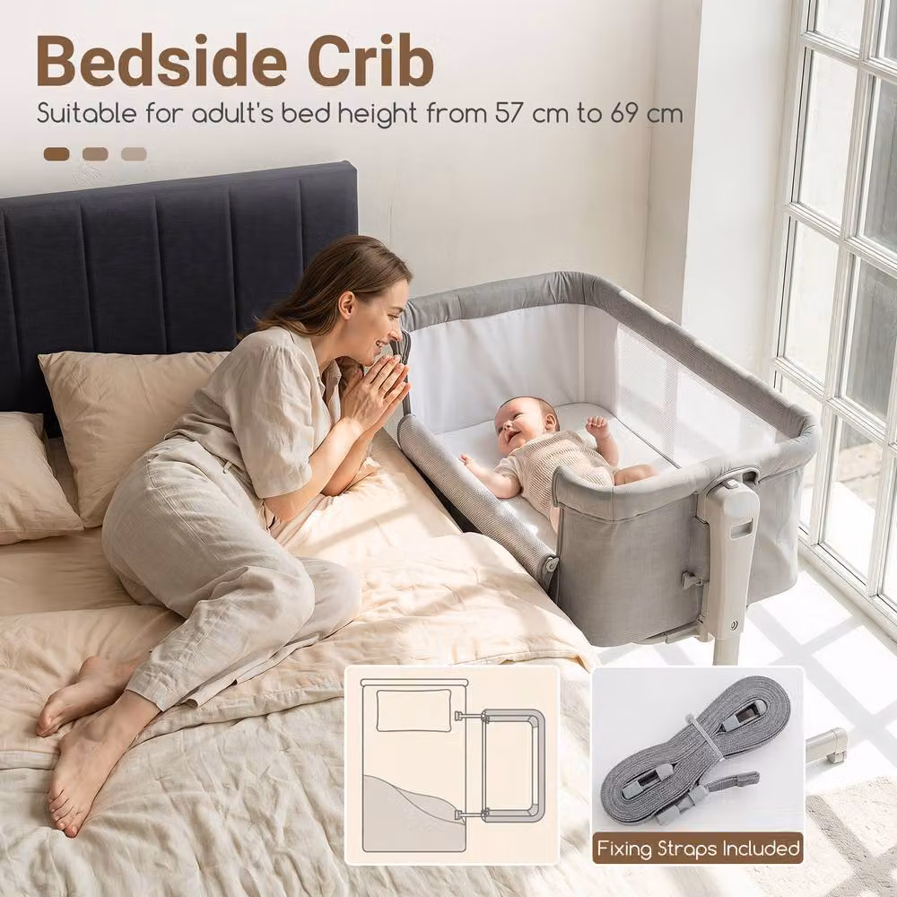 Costway 3-in-1 Height-Adjustable Baby Bedside Crib in Grey – 5