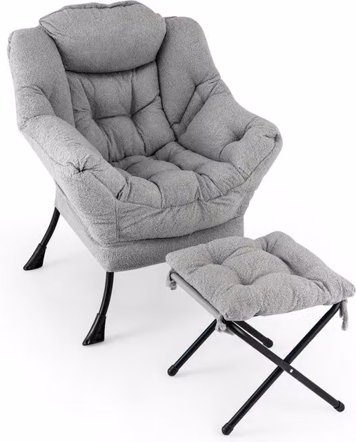 Costway Grey Bouclé Fabric Lazy Lounge Chair with Ottoman and Metal Frame