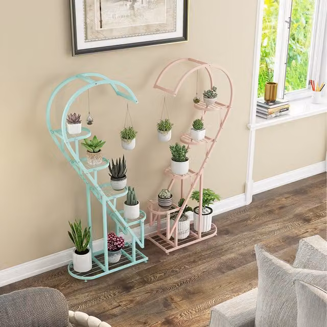 COSTWAY 5 Tier Metal Plant Stand in Pink and Blue