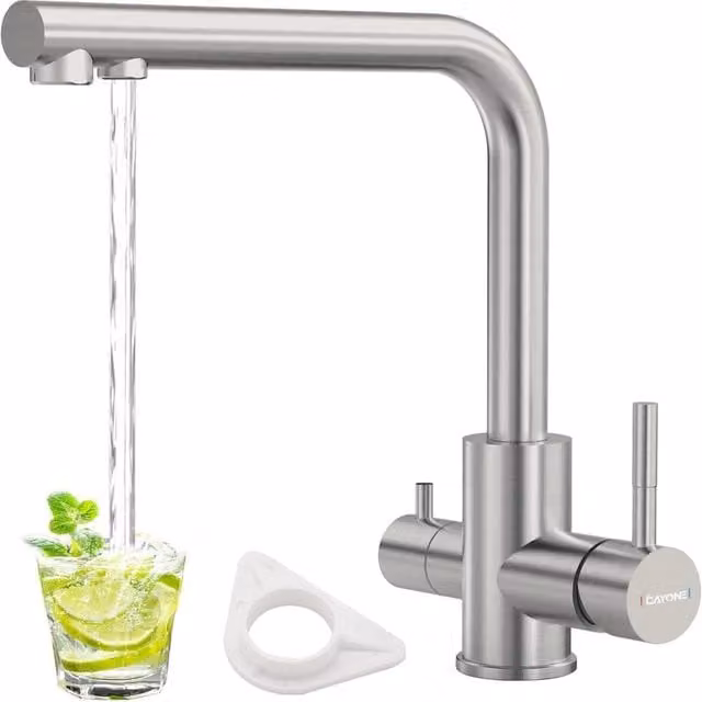 Dayone Brushed Stainless Steel 3 Way Kitchen Sink Tap with 360 Swivel Spout and Filtered Water in Silver – 1