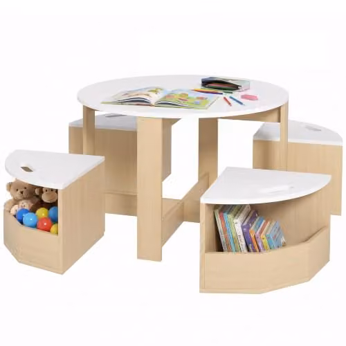AIYAPLAY Five-Piece Kids Table and Chairs Set with Storage in White – 1