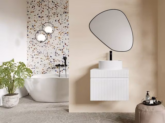 Vente-unique Suspended White Striated Bathroom Cabinet with Pink Ceramic Round Basin W/D/H: 60 x 46 x 46 cm – 1