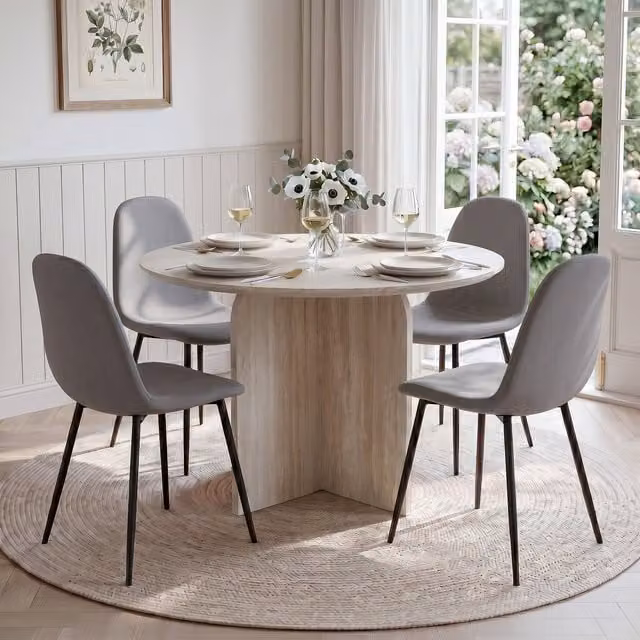 Home Garden Direct NYX Dining Set with Round Stone Effect Table and Grey Linen Chairs