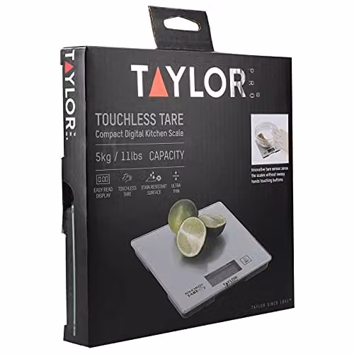 Taylor Pro Digital Kitchen Scales with Touchless Tare and Unit Conversion, Silver, 5kg Capacity – 6