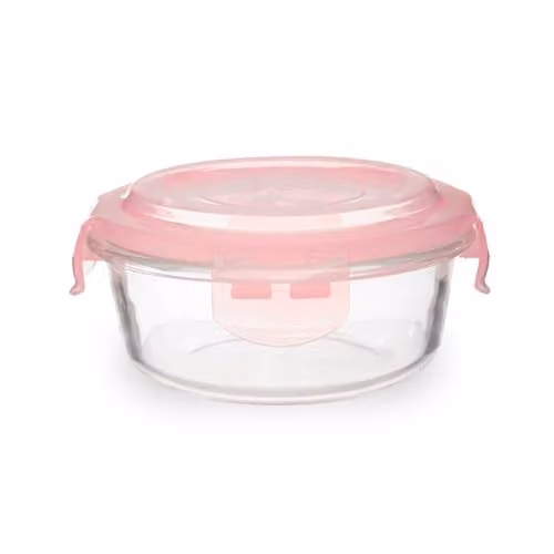 Premier Housewares Airtight Round Glass Food Container with Pink BPA-Free Lid, 400 ml, W/D/H: 13 x 6 x 13 cm