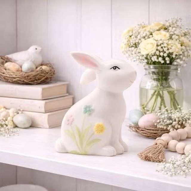 Eggs-traordinary Gift Co. Ceramic Bunny Figurine with Floral Decor in White and Multicolour, Height: 12 cm